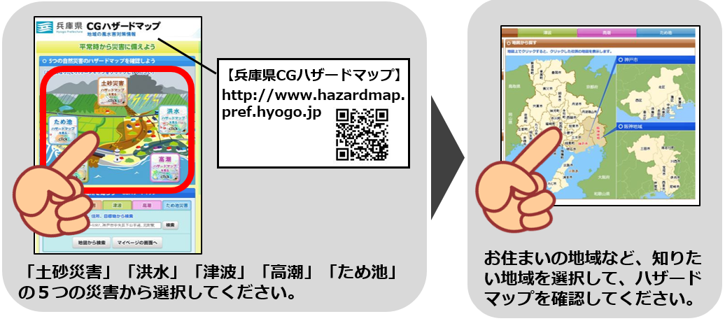 兵庫県CGハザードマップのURLと二次元コード　「土砂災害」「洪水」「津波」「高潮」「ため池」の５つの災害から選択してください