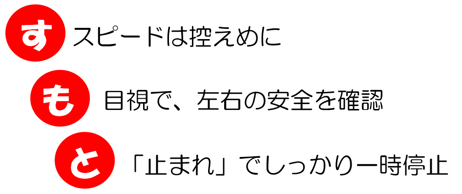 スピードは控えめに、目視で、左右の安全を確認、「止まれ」でしっかり一時停止