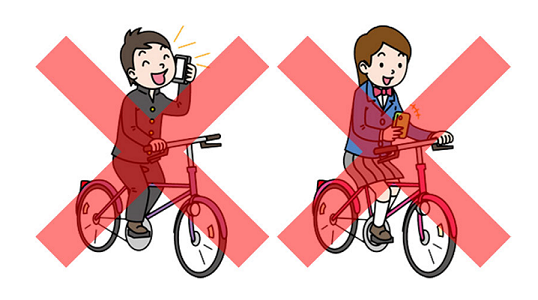 自転車乗用中スマートフォンを触る学生